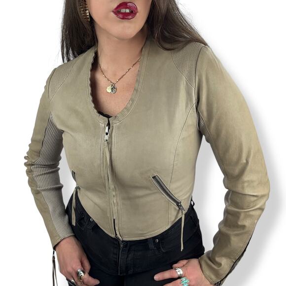 VEDA tan lamb leather cropped fitted biker jacket - Picture 1 of 16